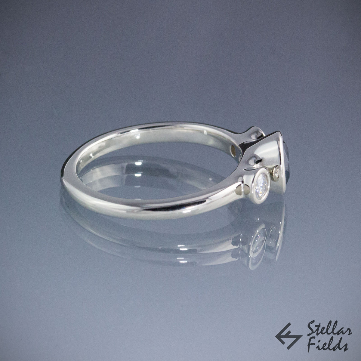 Teal Montana Sapphire with Diamonds Bezel Engagement Ring Three Stone Ring 18k White Gold Platinum Stellar Fields Jewelry
