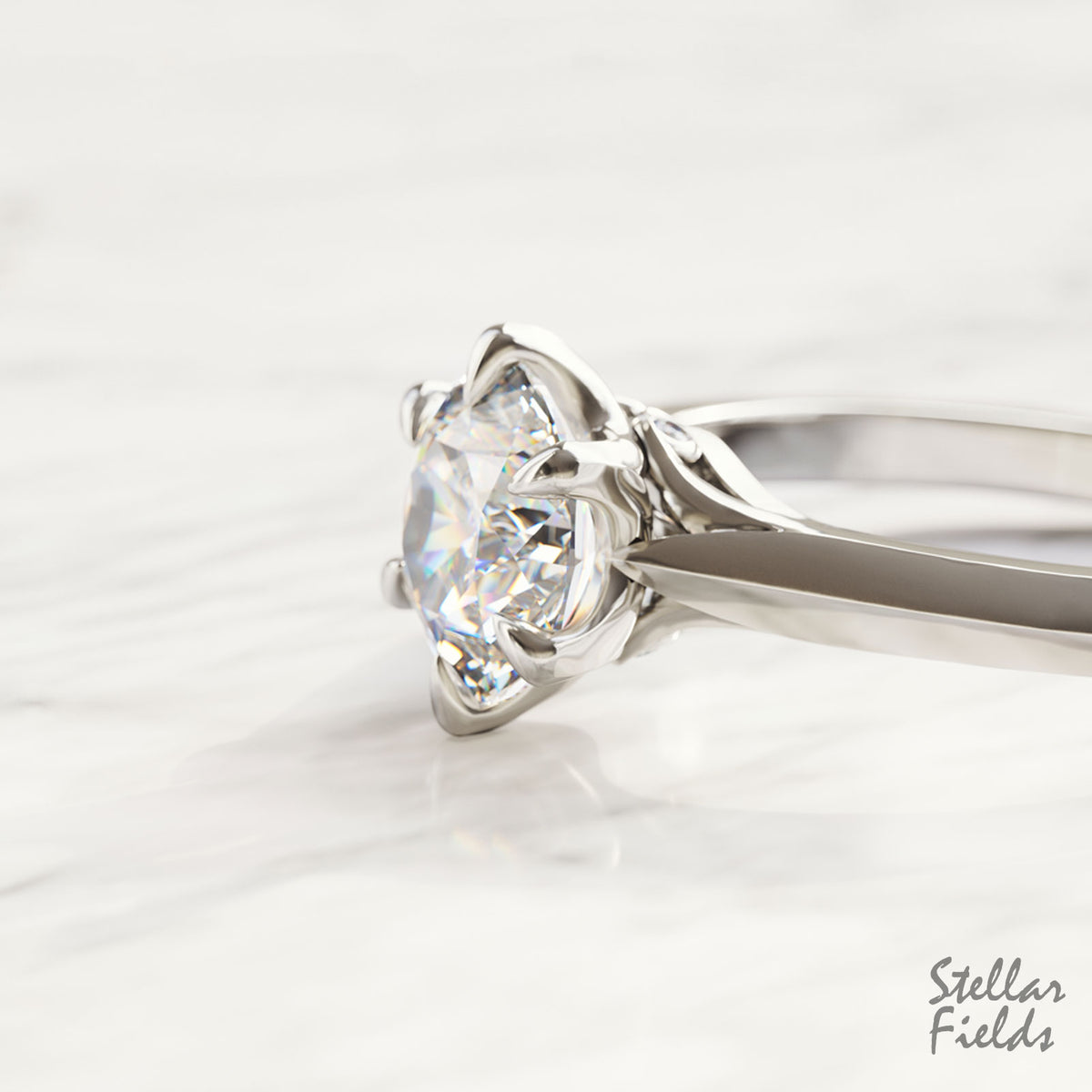 Versailles Solitaire Engagement Ring Unique Prong Ring 14k White Gold Stellar Fields