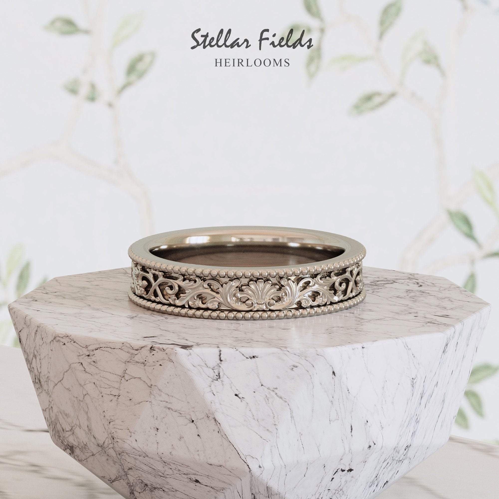 Vintage Scroll Wedding Ring Shell Beads - Joelle Platinum Stellar Fields Jewelry