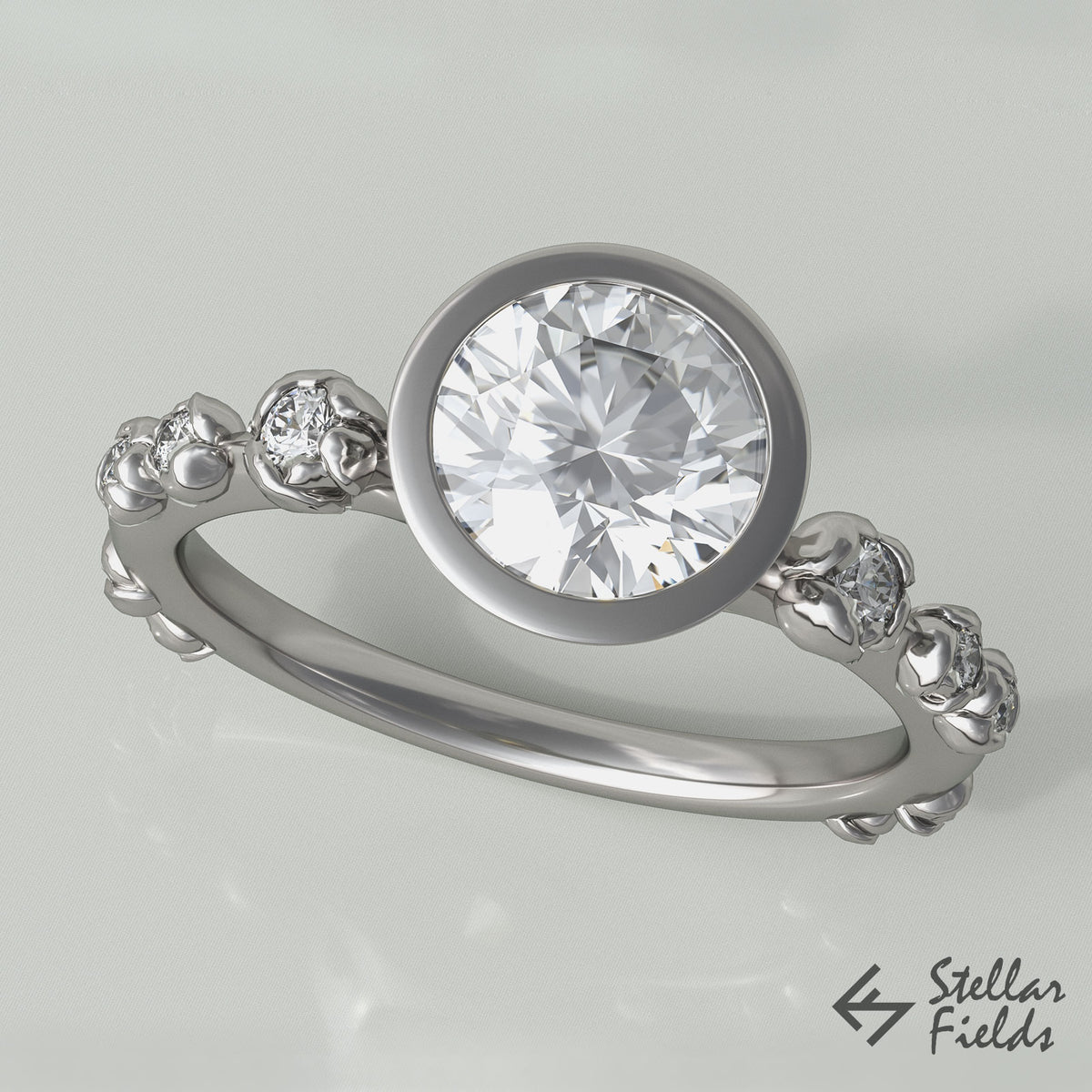 bezel engagement ring 1ct moissanite diamonds 14k white gold StellarFields