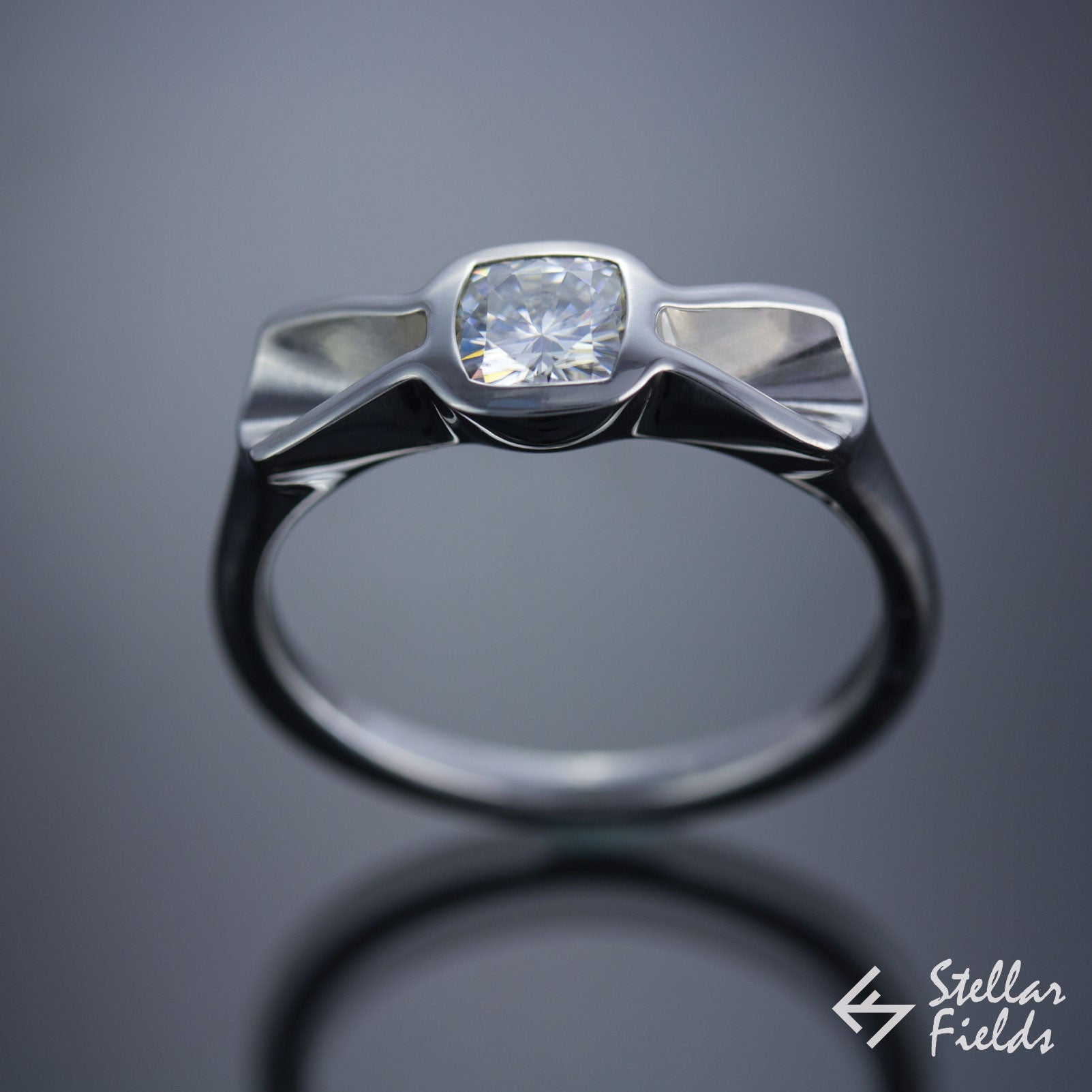 unique bow tie ring 14k white gold with cushion moissanite stellar fields jewelry