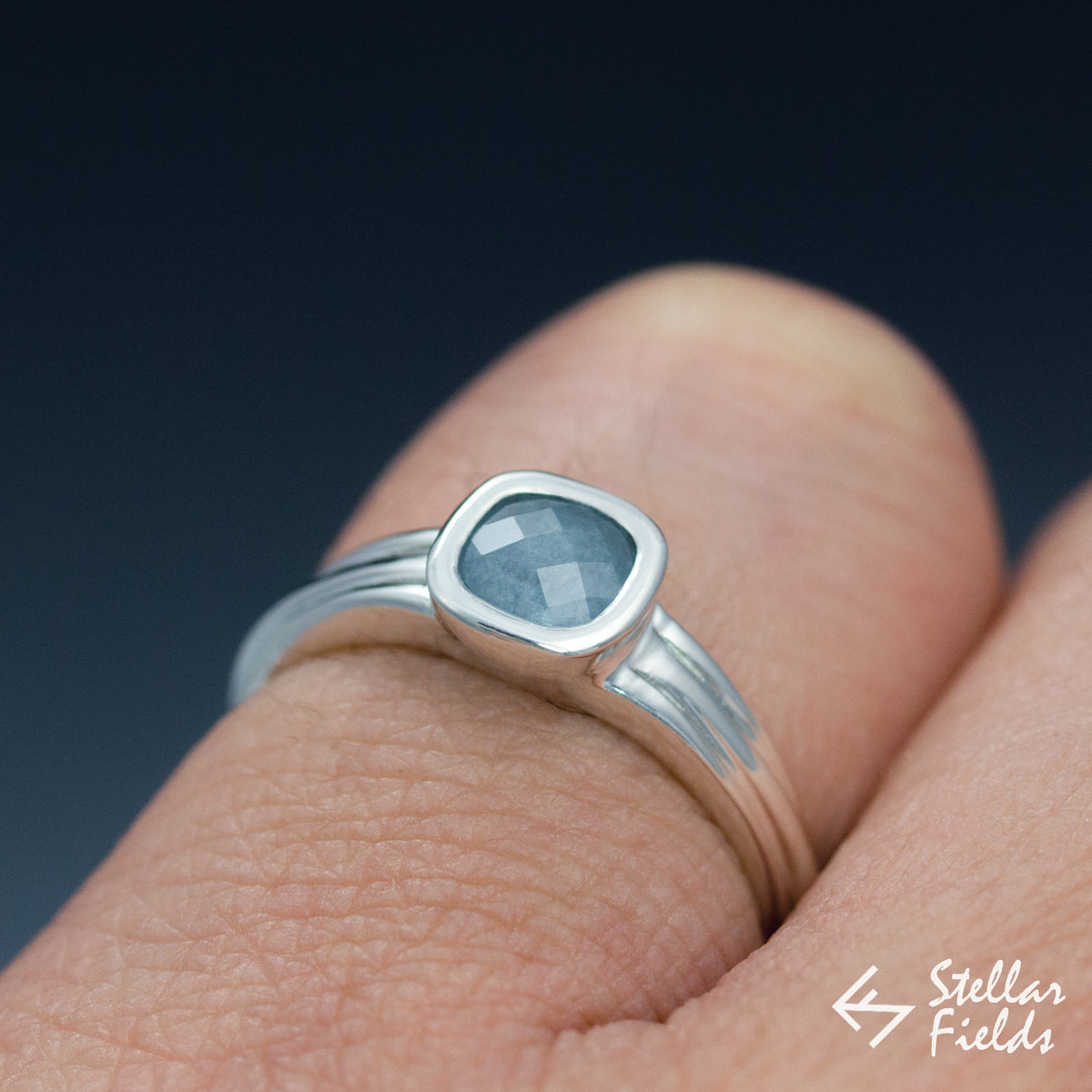 Cushion Cut Blue Montana Sapphire Bezel Engagement Ring - Stellar Fields