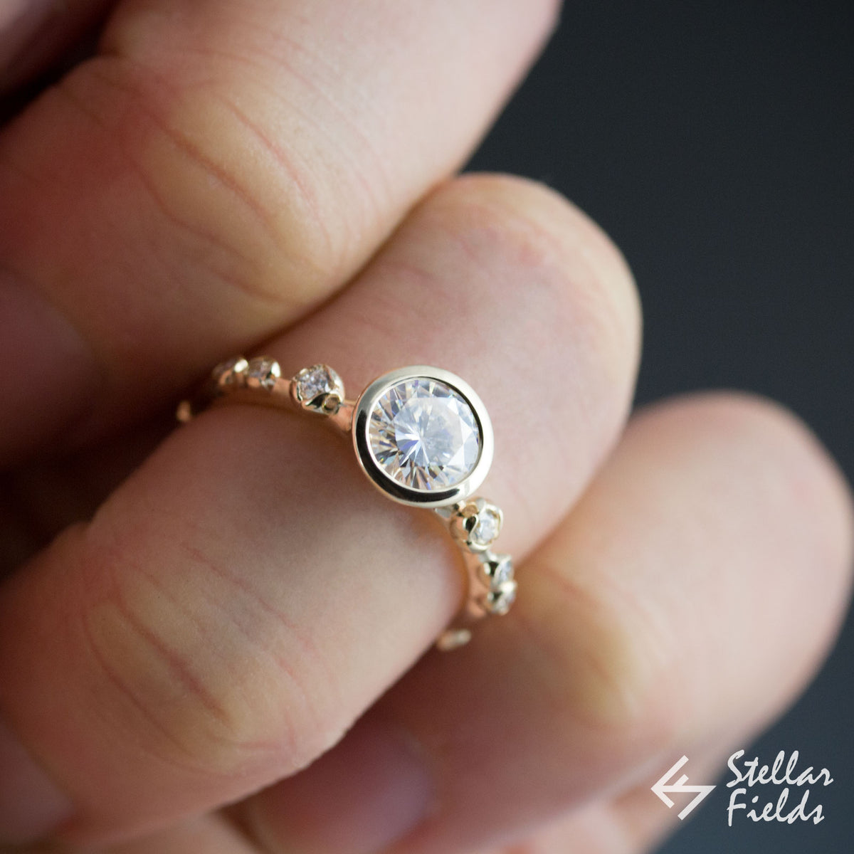 diamond bezel engagement ring floral peekaboo ring 14k Yellow Gold Platinum Stellar Fields Jewelry