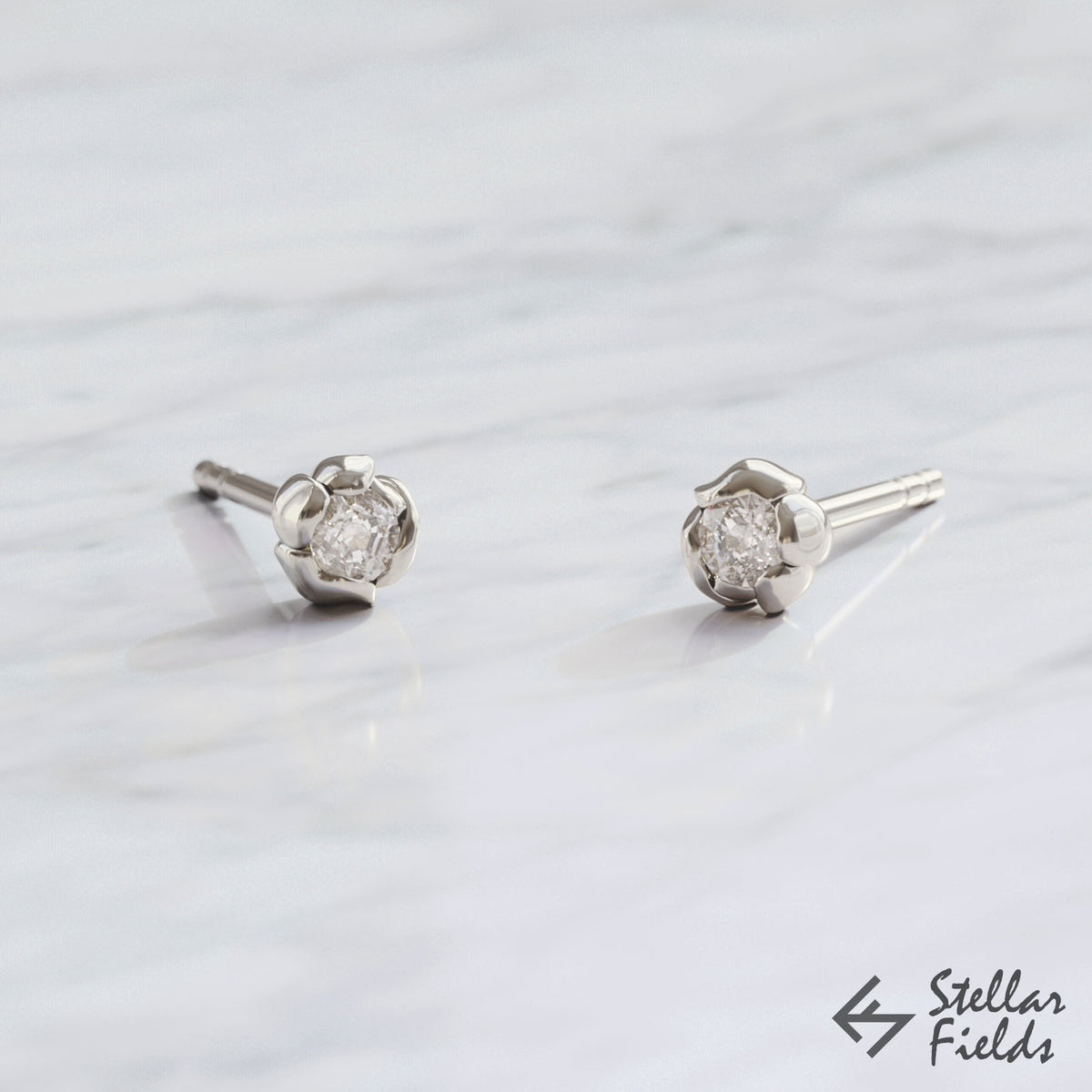 diamond earrings studs elegant tiny dainty modern unique 14k white Gold platinum Stellar Fields Jewelry