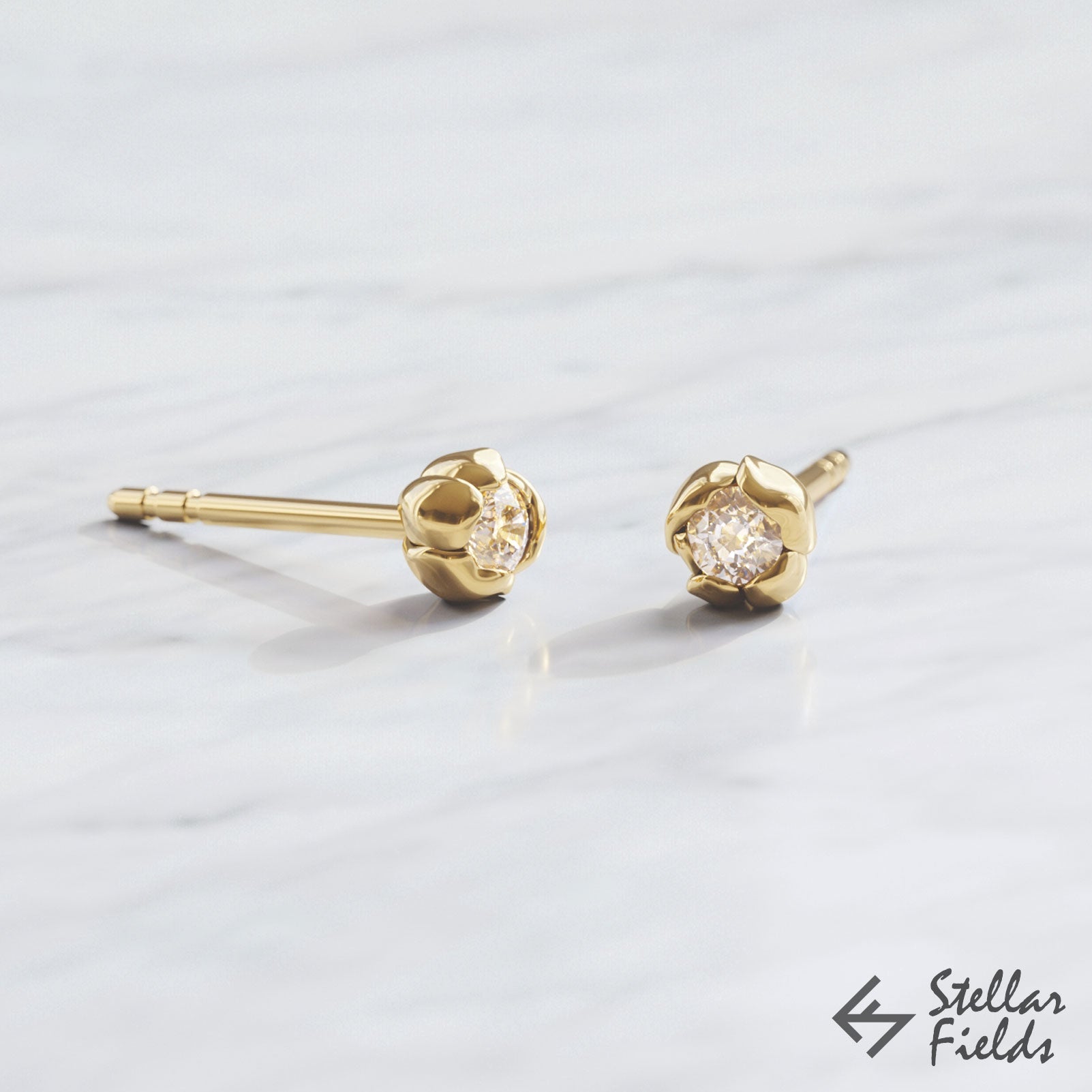 diamond rose flower earrings studs 14k yellow Gold Stellar Fields Jewelry