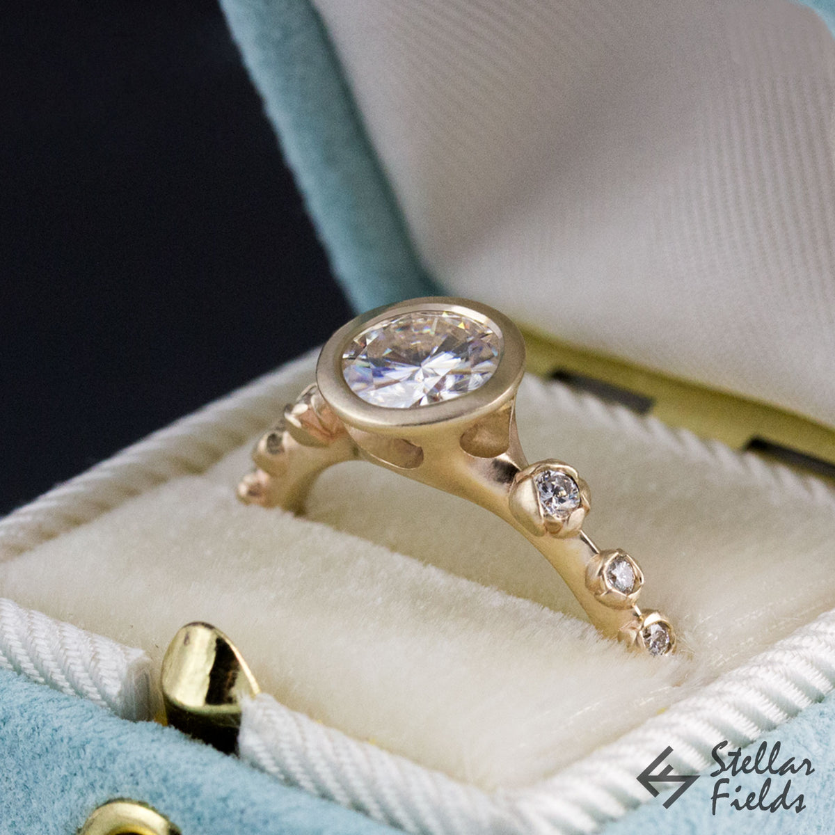 diamond bezel engagement ring floral engagement ring modern 14k gold stellar fields