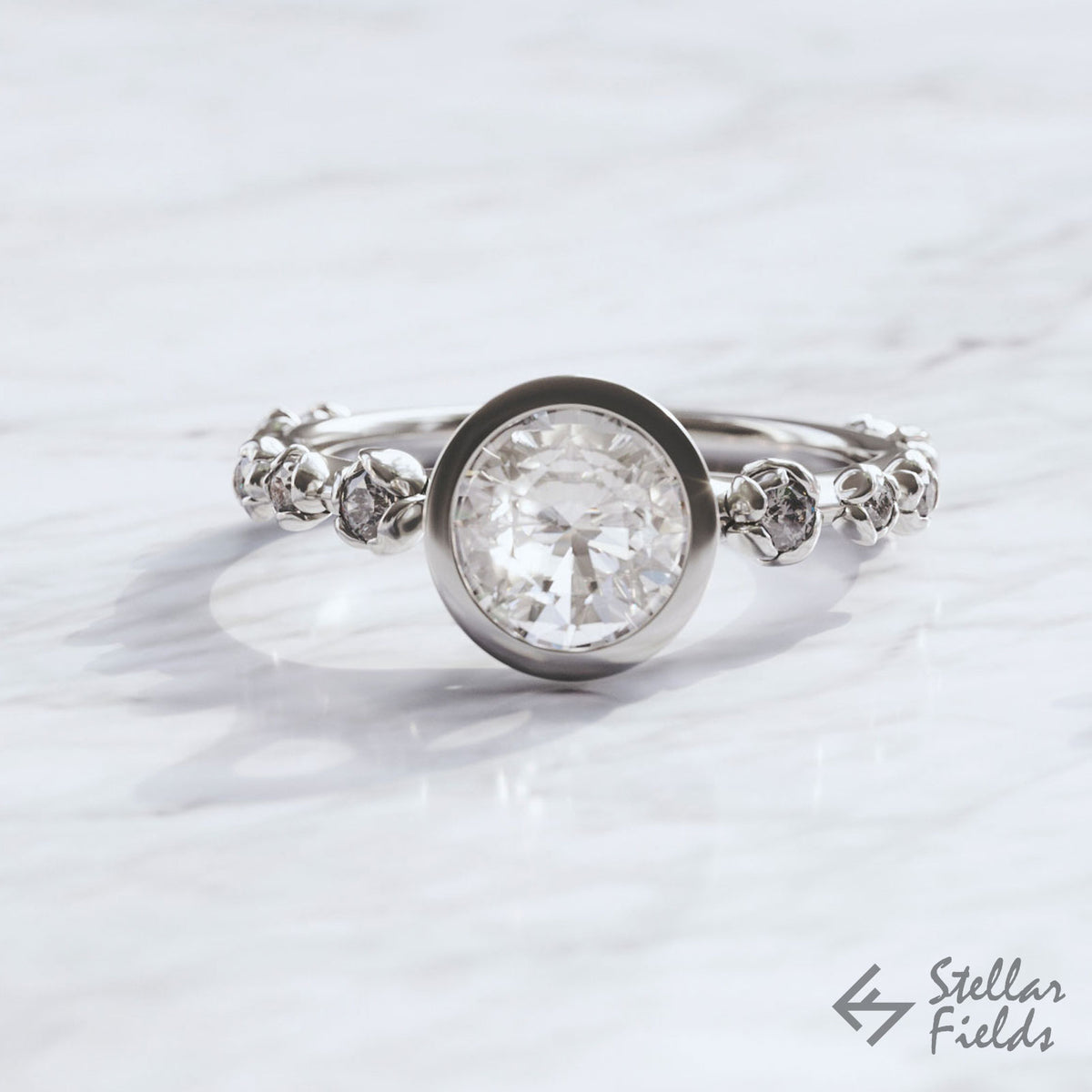 floral bezel engagement ring moissanite diamonds platinum white gold Stellar Fields