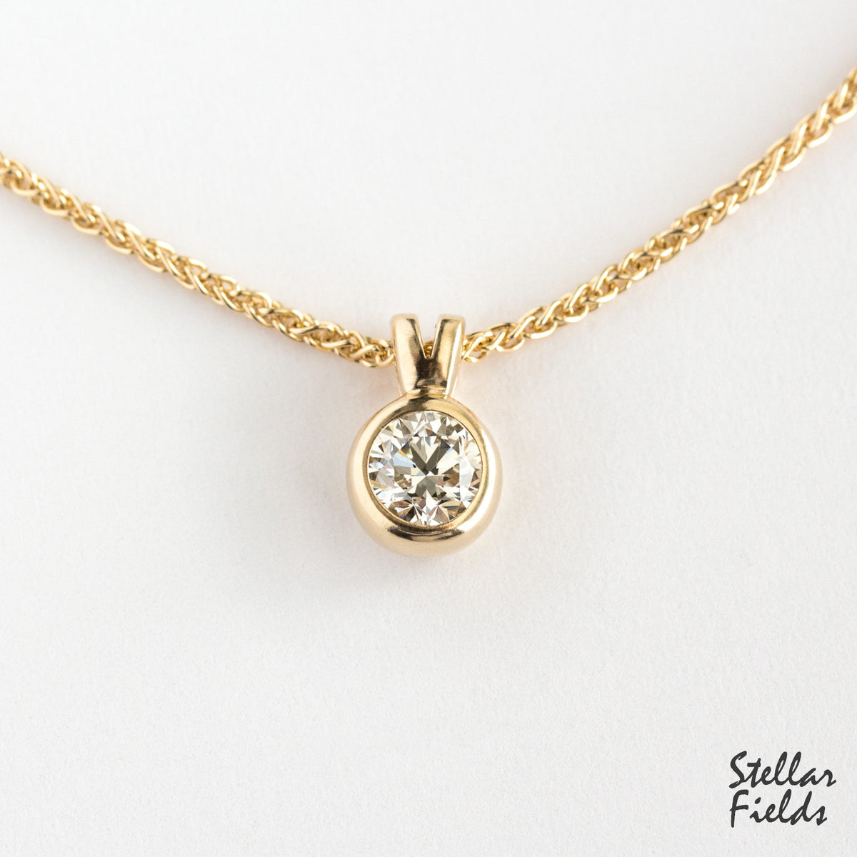 lab diamond modern bezel set pendant 14k gold chain Stellar Fields Jewelry