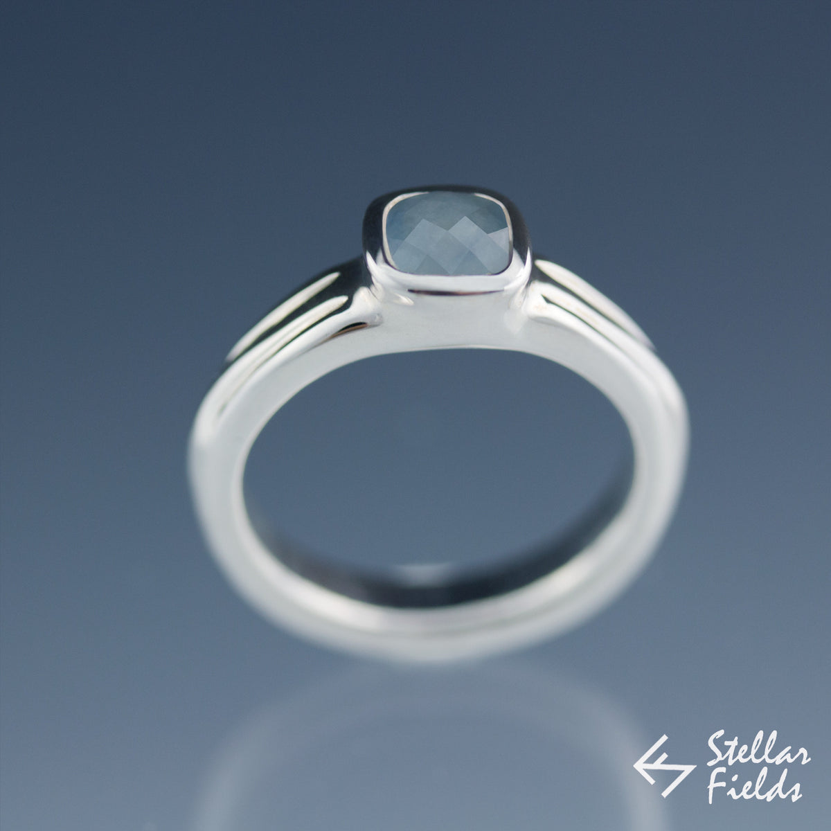 Bezel Set Cushion Cut Blue Sapphire Engagement Ring - Stellar Fields