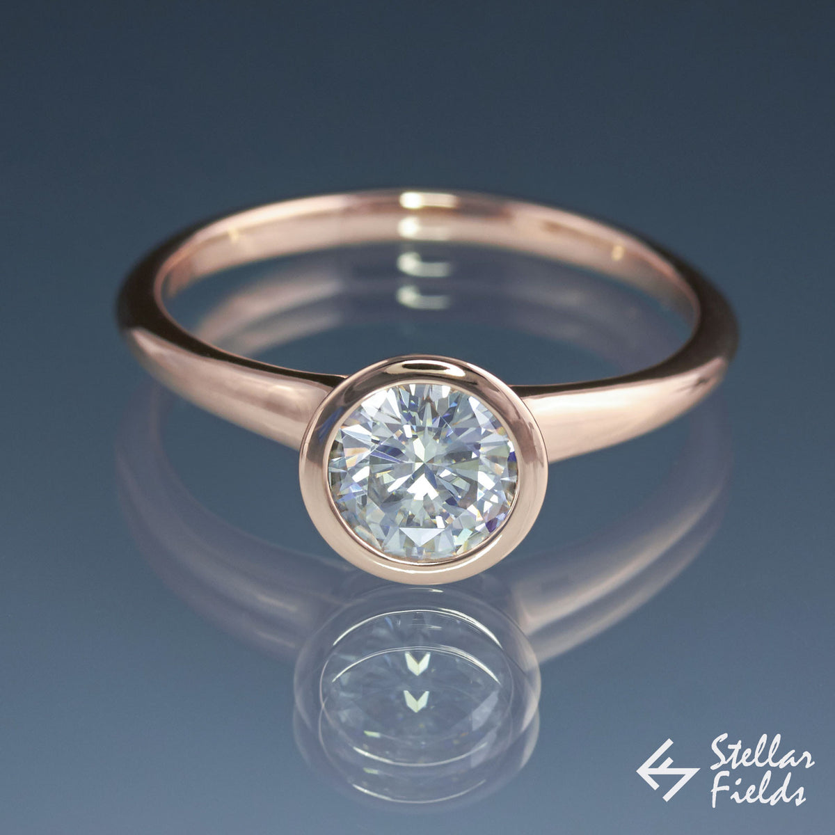 6.5mm Solitaire Round Diamond, full bezel set peekaboo engagement ring in 14k rose gold